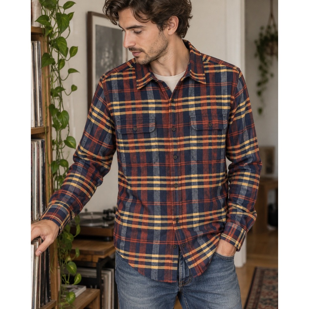 Bridge & Burn Cole Slim Fit Organic Cotton Hemp Plaid Flannel Shirt Navy Rust L